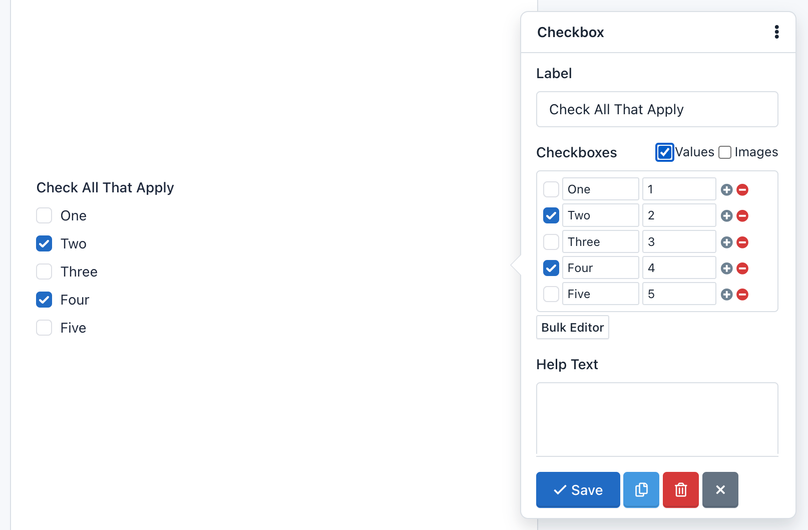 Hoofpick Biz - Form Builder - Checkbox Component with Bulk Editor