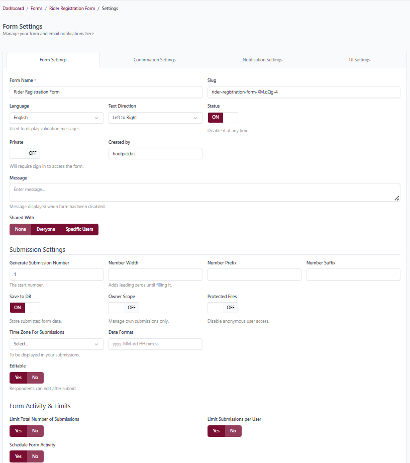 Hoofpick Biz - Form Settings