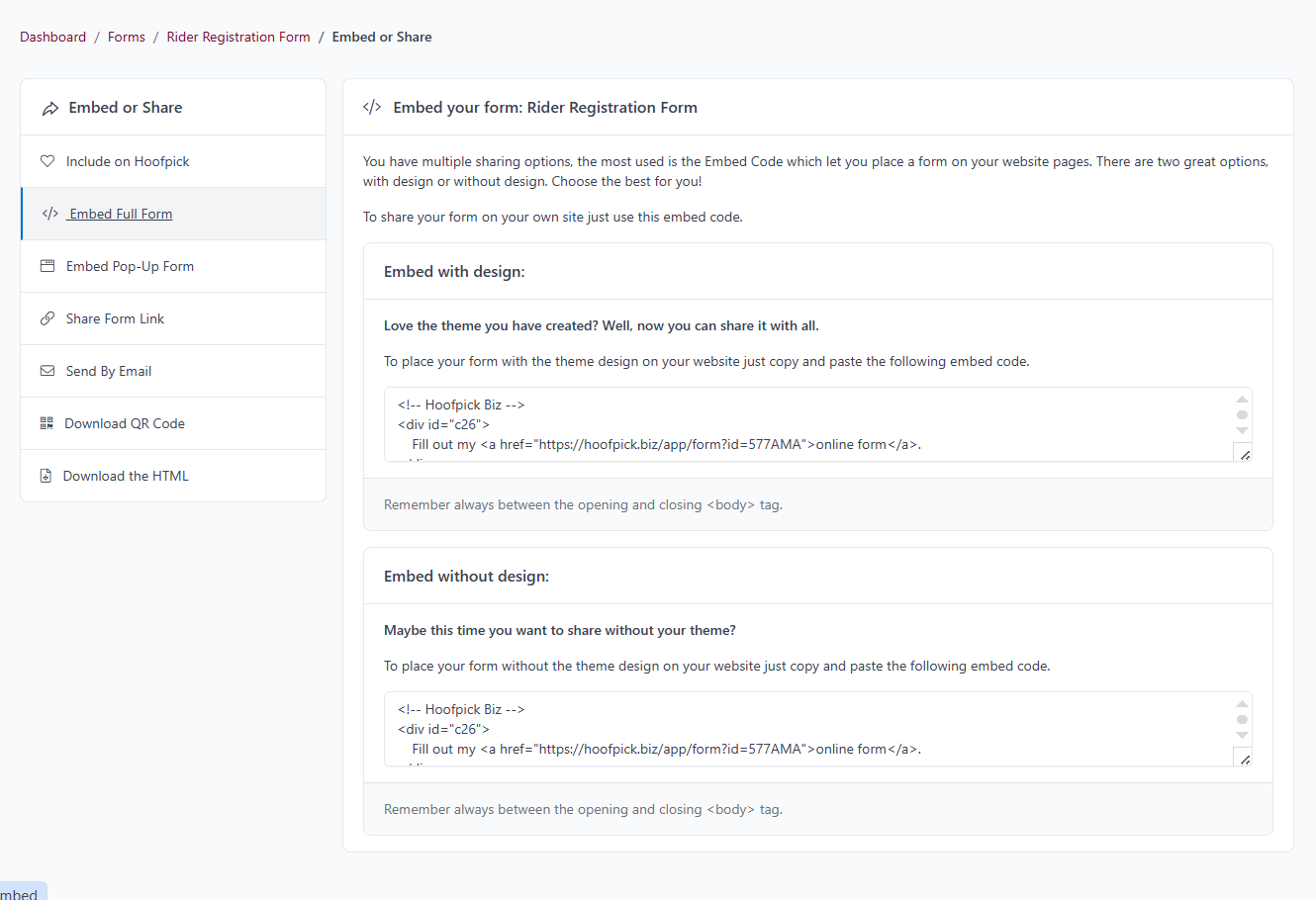 Hoofpick Biz - Publish and Share a Form