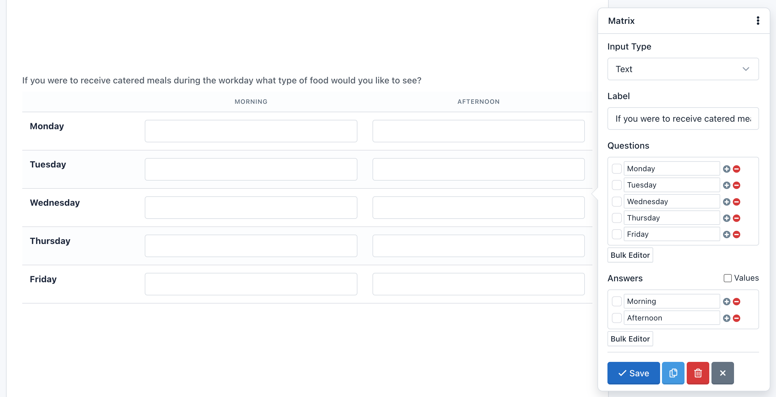 Hoofpick Biz - Form Builder - Matrix Field with Text Inputs