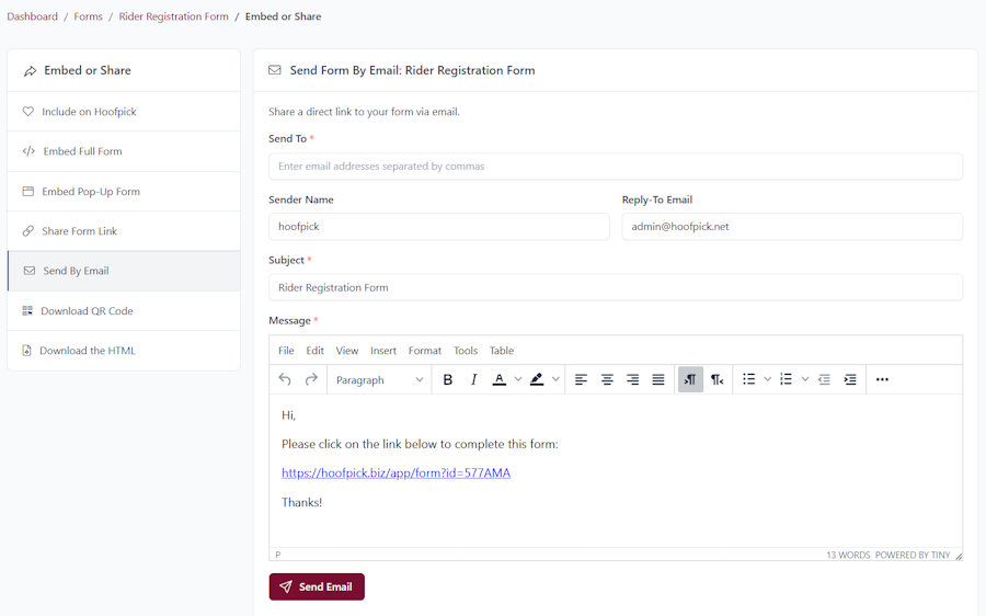 Hoofpick Biz - Share Form By Email